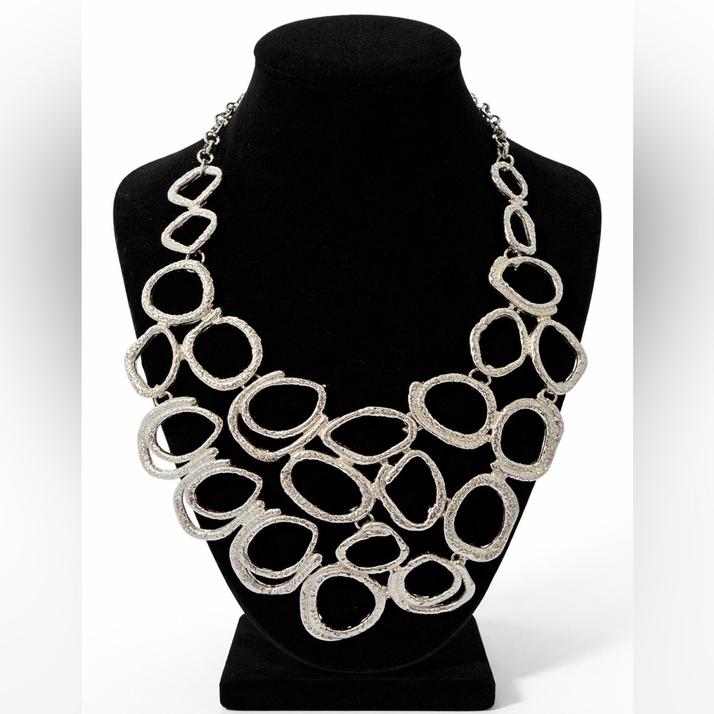 Silver Hammered Statement Necklace Set Modern Bib… - image 2